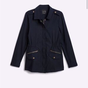 Navy Utility Jacket with Stand-Up Collar and Cinched Waist